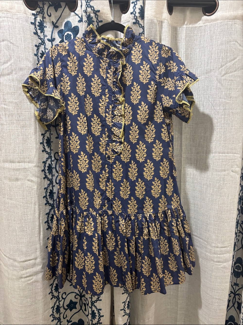 entro Navy Dress with Gold Leaf Print and Ruffle Trim